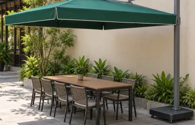 Dù tán chữ nhật xanh có diềm, trụ bên phải che bàn dài cạnh tường và lối đi