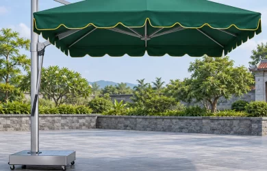 Minh họa dù lệch tâm vuông xanh viền vàng với trụ bạc và đế bánh xe
