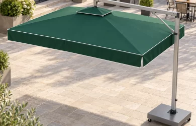 Minh họa dù lệch tâm chữ nhật xanh với cạnh dài ngang và trụ bạc bên phải