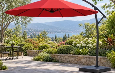 Minh họa ô lệch tâm tán tròn đỏ, trụ cong đen bên phải trên lối lát trong vườn