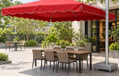 Minh họa dù lệch tâm tán vuông đỏ lớn, trụ bạc bên phải và đế bánh xe cạnh bàn dài ngoài sân