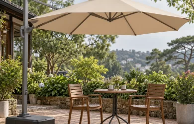 Minh họa dù lệch tâm tán tròn màu be che góc bàn cafe với trụ bên