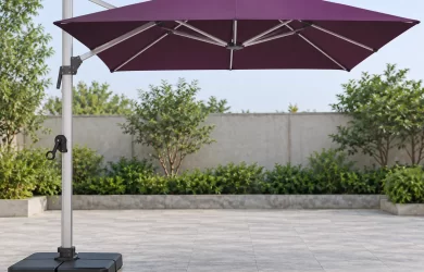 Minh họa dù lệch tâm tán vuông tím, trụ bạc và đế ghép thấp