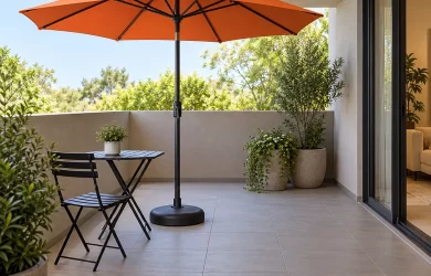Ô chính tâm tán cam với trụ giữa và đế tròn trong khoảng ban công rộng có lối đi