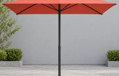 Ô chính tâm tán vuông đỏ san hô hai tầng với trụ giữa và đế đá đa giác