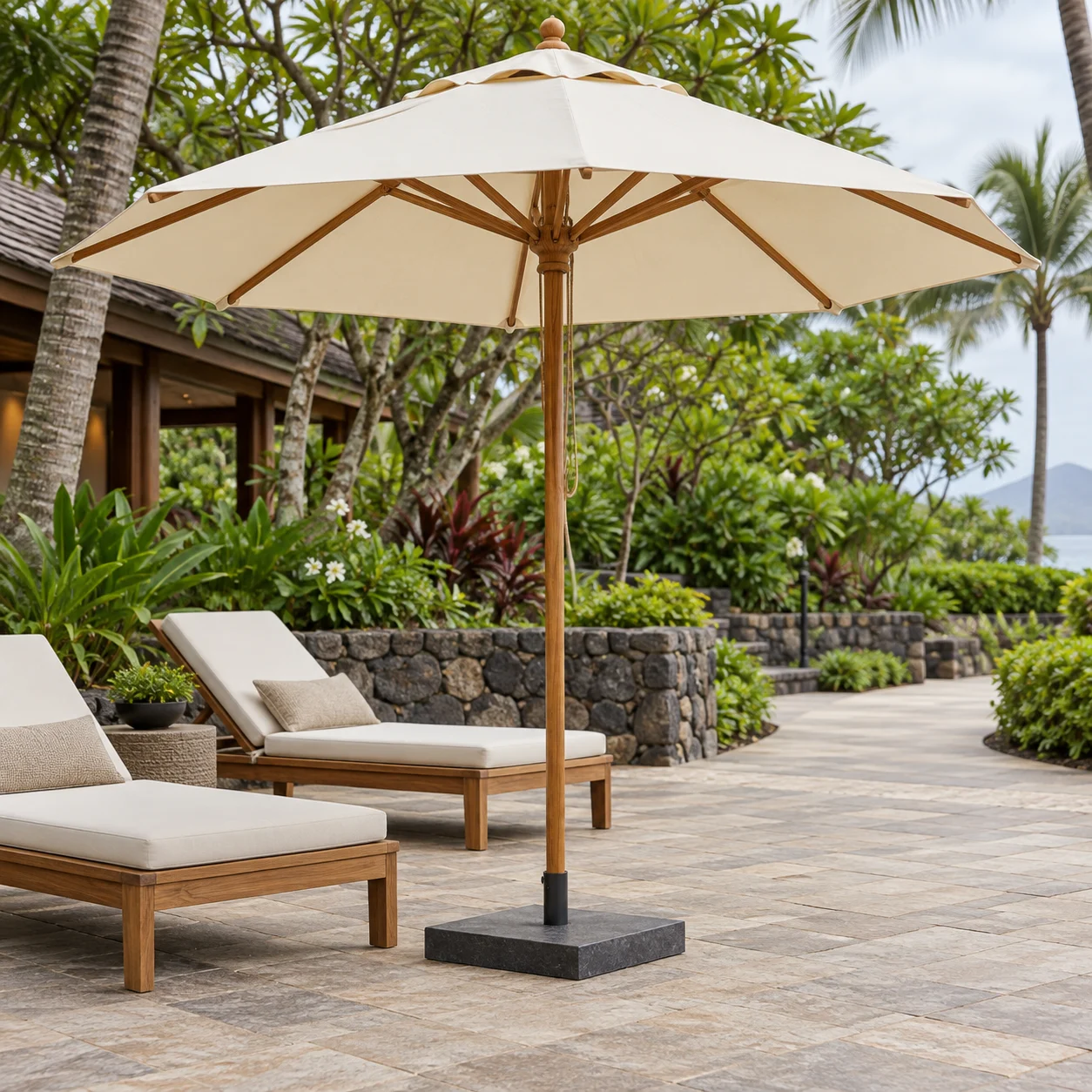 Ô chính tâm gỗ cho cụm nghỉ resort Minh họa ô chính tâm tán kem với trụ gỗ và ghế nghỉ tại resort