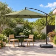 Minh họa dù lệch tâm tán tròn màu olive cho góc bàn hai ghế