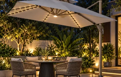 Minh họa ô lệch tâm tán vuông màu xám với LED ánh sáng ấm dưới nan, cạnh bàn cafe buổi tối