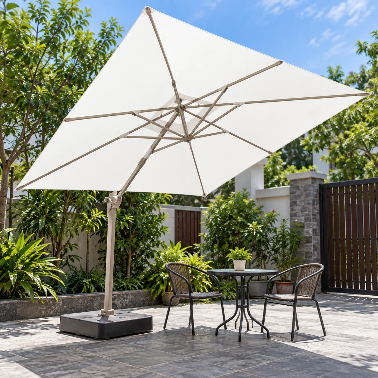 Minh họa ô lệch tâm tán vuông trắng không diềm, bộ đỡ bên và đế thấp cạnh bàn sân nhỏ