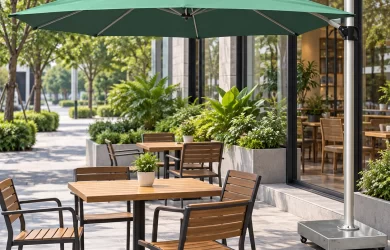 Minh họa ô lệch tâm tán xanh không diềm, trụ bên và đế thấp trong khu bàn ngoài trời