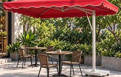 Minh họa ô lệch tâm vuông đỏ có diềm viền kem, trụ xám lệch bên và đế bánh xe cạnh hai bàn cafe