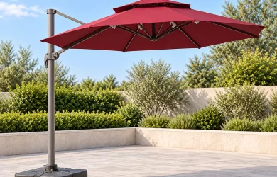 Ô lệch tâm tán đỏ, trụ bên màu xám, tay quay và chân đế thấp – ảnh minh họa mẫu dạng xoay
